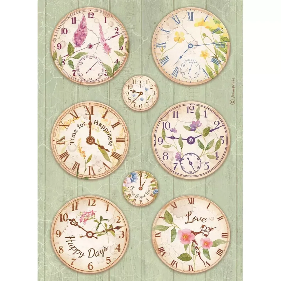 SUPER OFERTA **40%** Papel de Arroz Relojes Welcome Home Create Happiness Stamperia 21x29cm
