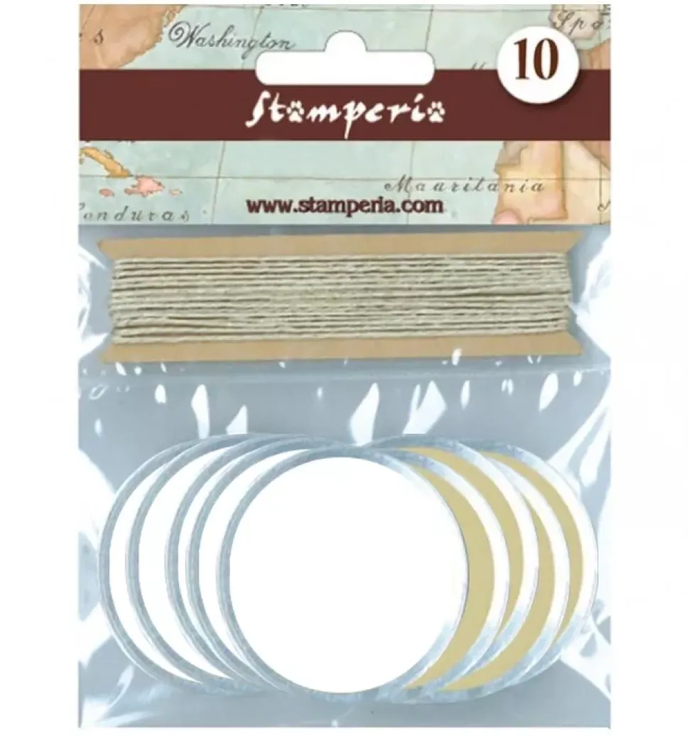 SUPER OFERTA **60%** Set de 10 Tags Circulares Marrón y Blanco de Stamperia 4 cm