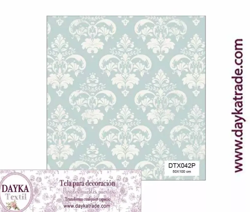 Tela para Decoración #42 Damasco azul y beige 50x100cm. Dayka