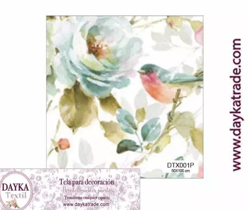 Tela para Decoración #01 Flores con pájaros 50x100cm. Dayka