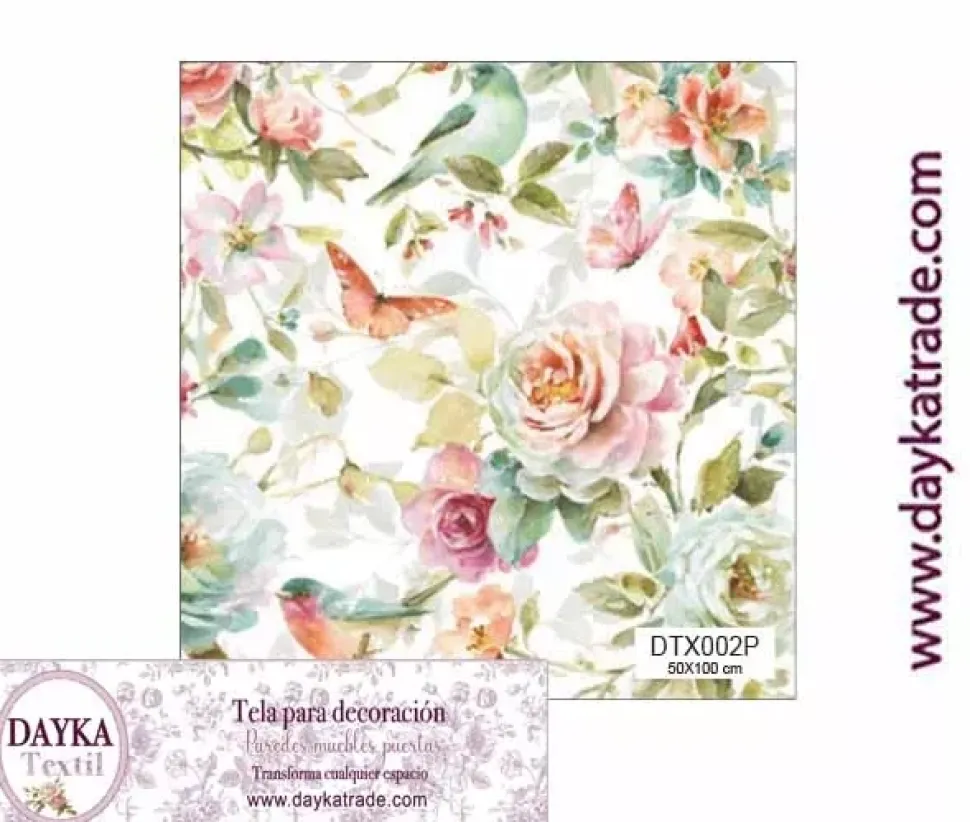 Tela para Decoración #02 Flores con pájaros 50x100cm. Dayka