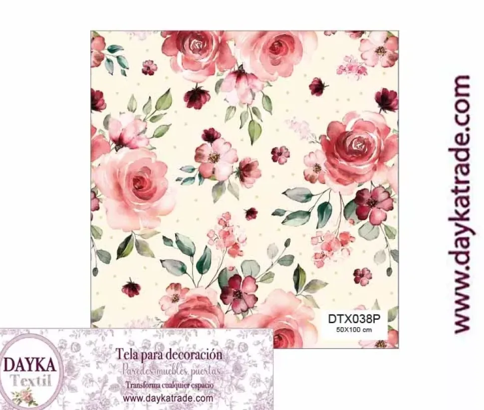 Tela para Decoración #38 Flores con fondo crema y lunares 50x100cm. Dayka