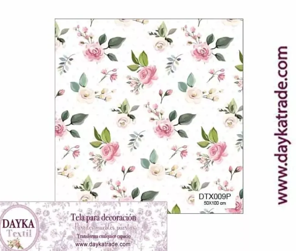 Tela para Decoración #09 Flores rosas con hojas verdes 50x100cm. Dayka